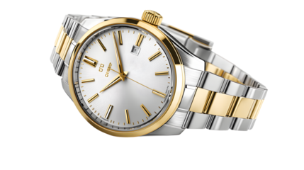 Close up of a two tone orient watch on a transparent background