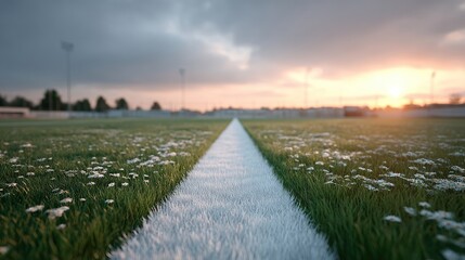Football Field Grass Row with Dramatic Sunset Cloudy Sky White Line and Cinematic Sports Realism in Evening Light
