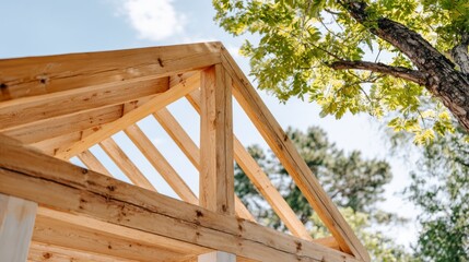 Obraz premium Close-Up View of Wooden Framework . house building, lumber construction, eco housing, real estate development, eco construction, timber engineering concept