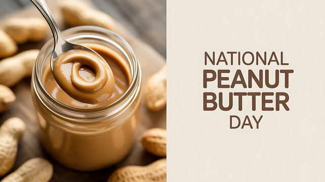 National Peanut Butter Day celebration with a jar of peanut butter and peanuts on a wooden surface