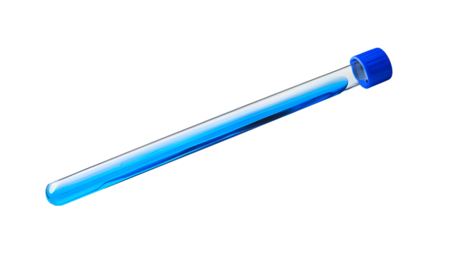 Test tube with blue liquid and blue cap on transparent background