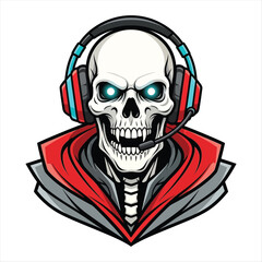 Powerful skull character in modern headphones and a distinctive cape, a vibrant vector illustration for gaming, e-sports, or spooky-themed designs