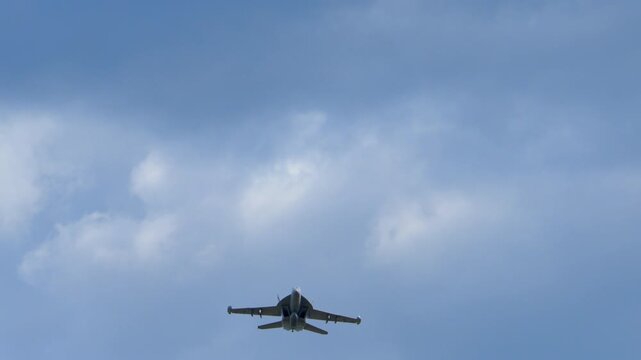 Slow motion close up view of F-18 fighter jets flying over the head beneath the clouds, showcasing military strength, speed, and precision.
