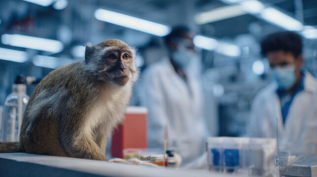 Curious monkey sitting on a lab bench surrounded by reers in white coats examining scientific materials and equipment in a busy re facility.