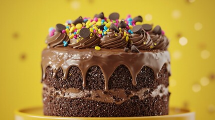 Delicious chocolate cake with colorful sprinkles and chocolate frosting