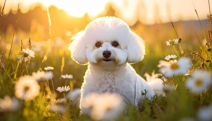 Adorable Bichon Frise in Daisy Field at Sunset