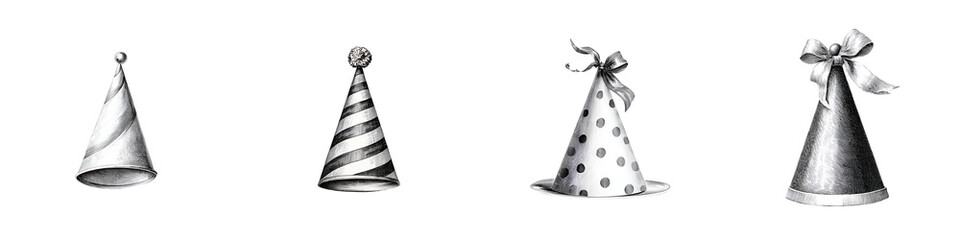 Hand-Drawn Birthday Party Hats: Black and White Sketch Collection on White