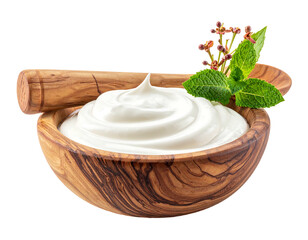 Creamy yogurt in a wooden bowl, garnished with mint