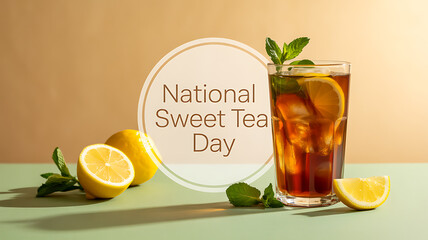 Fototapeta premium National Sweet Tea Day celebration with a glass of iced tea, lemon slices, and mint leaves on a green surface