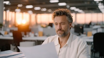 Obraz premium Focused Businessman Reading Documents at Office Desk in Cinematic Light With Golden Sunset in Background