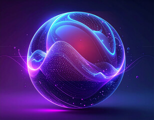 Blue and purple neon 3d sphere of gradient waves and glowing particles. Abstract technology background concept