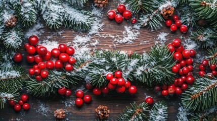 2026 New Year Festive Wooden Decoration with Snow-covered Pine Branches and Berries for Holiday Decor, Greeting Cards, Posters, Social Media, New Year Events, Warm Traditional Festive Vibe