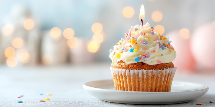 Delicious cupcake with colorful sprinkles and a lit candle, perfect for celebrating special moments and events.