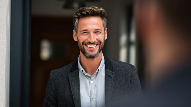 Smartly dressed man standing at door with friendly smile promoting welcoming atmosphere in casual indoor setting illuminated by natural light. - Powered by Adobe