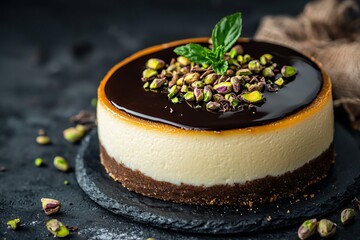 Delicious chocolate-covered cheesecake with pistachios