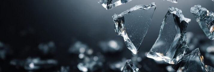 Shattered Glass Fragments Floating in Dark Space Creating Dramatic Visual Effect Showcasing Light Reflections