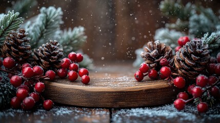 Festive Wooden 2026 New Year Decoration with Pine Branches, Berries, Snow for Holiday Decor, Greeting Cards, Posters, Social Media, New Year Events