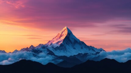 Snowcapped mountain peak glowing with warm light from a vibrant sunset sky, surrounded by dramatic clouds and dark ridges