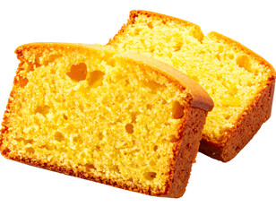 Two slices of golden yellow cake, showing a light, airy texture with small holes