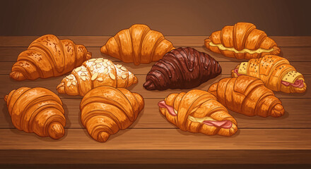 A tempting digital illustration showcasing a diverse selection of freshly baked artisanal croissants, from sweet to savory, arranged invitingly on a bakery counter. 