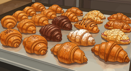 A tempting digital illustration showcasing a diverse selection of freshly baked artisanal croissants, from sweet to savory, arranged invitingly on a bakery counter. 