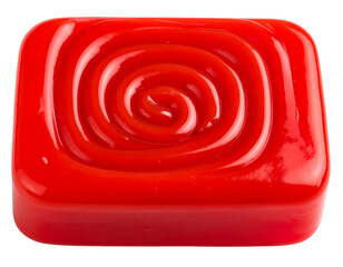 Red, glossy, square candy with spiral design