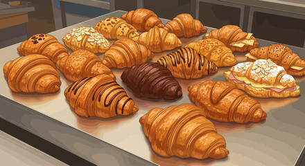 A tempting digital illustration showcasing a diverse selection of freshly baked artisanal croissants, from sweet to savory, arranged invitingly on a bakery counter. 