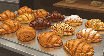 A tempting digital illustration showcasing a diverse selection of freshly baked artisanal croissants, from sweet to savory, arranged invitingly on a bakery counter. 
