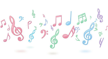 Pastel music notes floating gently on a white background, creating a soft and dreamy atmosphere, isolated on white background