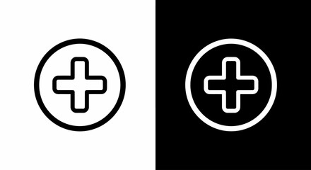 Fototapeta premium Iconic Plus Sign: A versatile black and white image displaying a plus sign within a circle. The image is designed to be clean, simple, and universally recognizable.