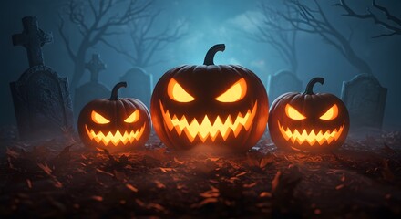 Spooky Halloween Jack-o'-lanterns in Cemetery at Night