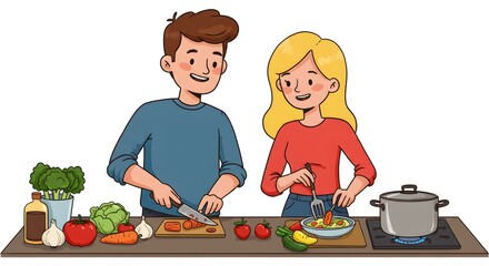 A couple joyfully preparing a meal, working together in the kitchen