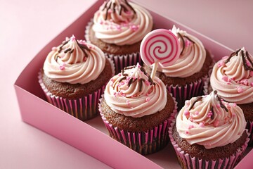 Delicious cupcakes in pink box
