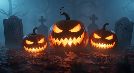 Halloween Pumpkins Glowing in Cemetery