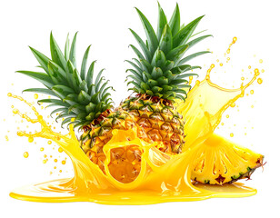 Two pineapples in a vibrant splash of juice