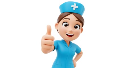 A smiling nurse giving a thumbs-up gesture, representing positivity and approval. The nurse is wearing a blue uniform and cap, and a thumbs-up gesture emphasizes a sign of approval