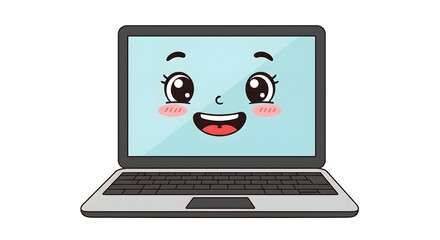 A cute cartoon laptop with a happy face, cheerful and friendly