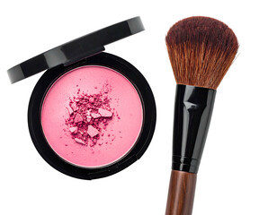 Open blush compact with a makeup brush