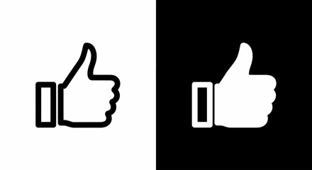 Obraz premium Thumb up icon set: A simple thumbs-up symbol in both black and white against contrasting backgrounds, embodying the idea of approval and agreement.