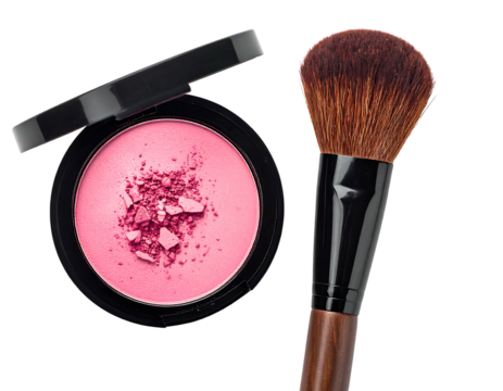 Open blush compact with a makeup brush