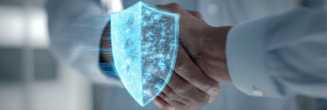 Digital Handshake Representing Partnership and Trust in Technology With Virtual Shield Overlay