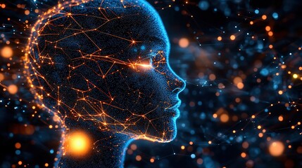 Side View of Humanoid Head with Blue and Yellow Neon Neural Network, Representing Futuristic Technology and Artificial Intelligence | Generative AI