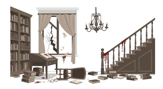 A Scene of Violence Bloodied Staircase and Chaotic Interior Depiction.