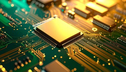 Golden CPU Core Glowing on a Green Circuit Board with Luminous Pathways
