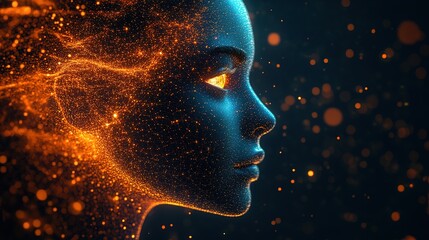 Side View of Humanoid Head with Blue and Yellow Eyes, Vibrant Neon Neural Network — Futuristic Technology, Artificial Intelligence, Generative AI Concept