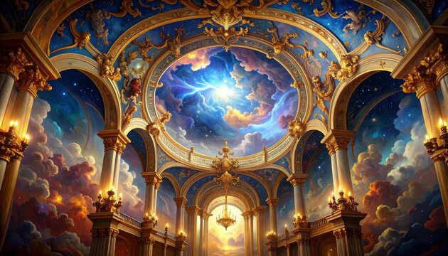Grand Baroque Hall with a Celestial Dome Revealing a Cosmic Sky