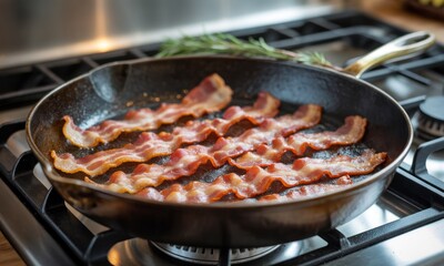 Crispy bacon strips in a cast iron skillet on a stove