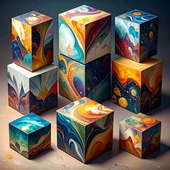 Abstract cubes with swirling colors and cosmic imagery