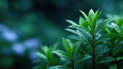 Obraz premium Fresh Green Leaves Covered in Water Droplets Against a Blurred Dark Background