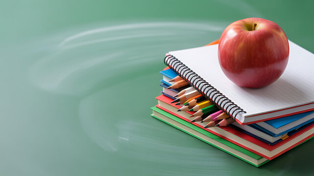 Stack of colorful notebooks and pencils with a red apple on top, placed on a green surface